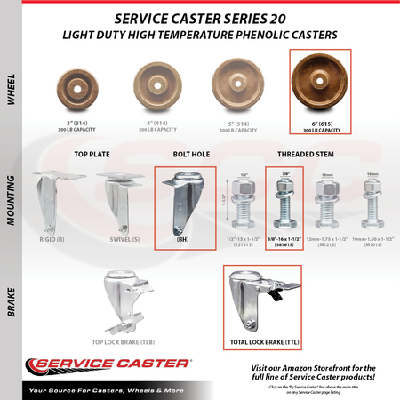 Service Caster 6 Inch High Temp Phenolic Swivel 3/8 Inch Stem Caster with Total Lock Brake SCC SCC-TSTTL20S615-PHSHT-381615